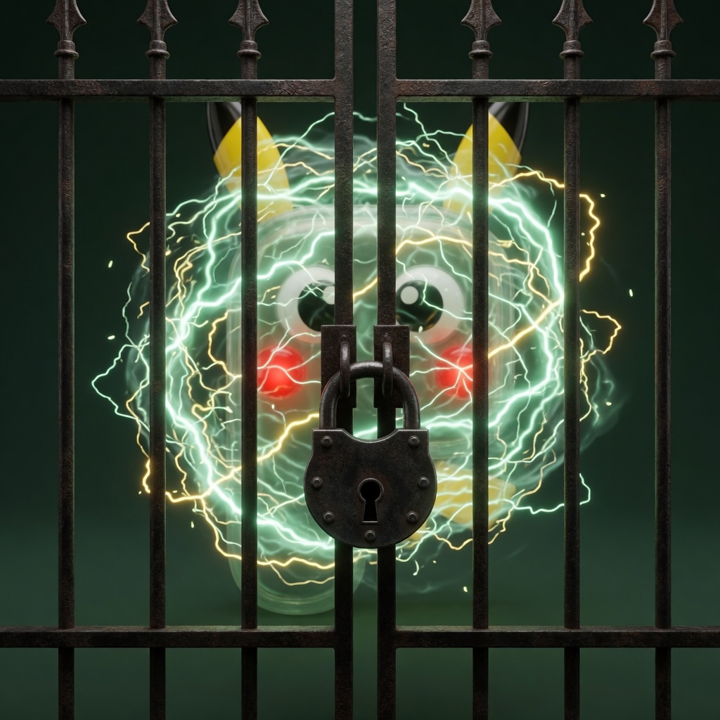 Graduated form: the glass P as mint lightning locked behind a gate