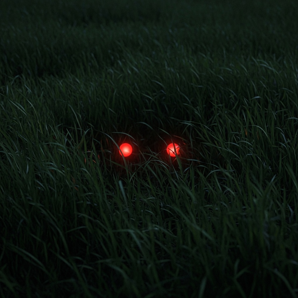 Night tall grass. Only two red cheek-lights visible.